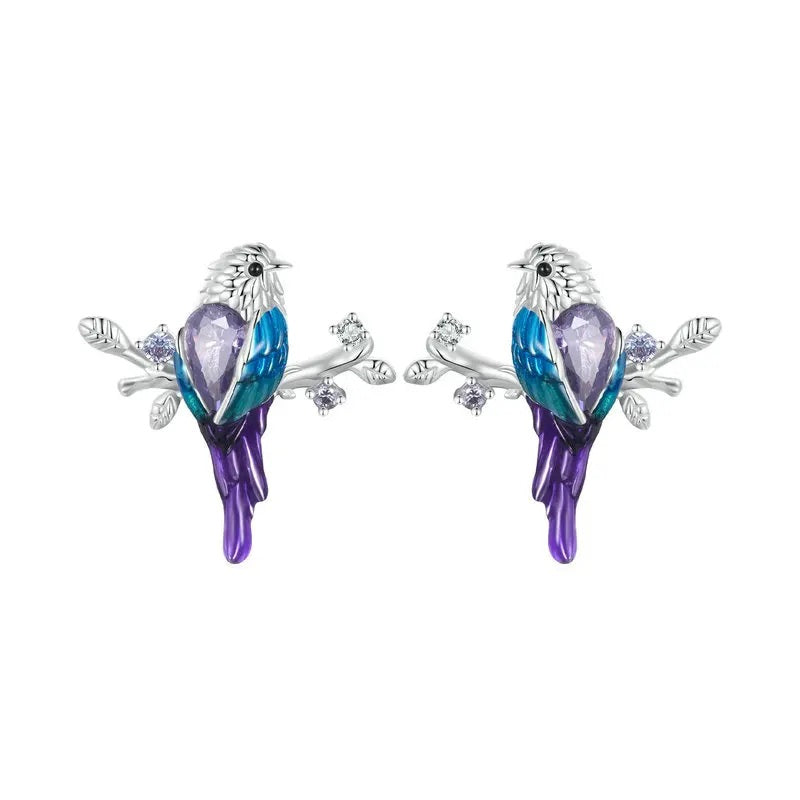 Blue and purple bird branch earrings