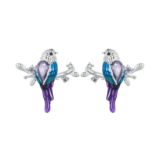 Blue and purple bird branch earrings