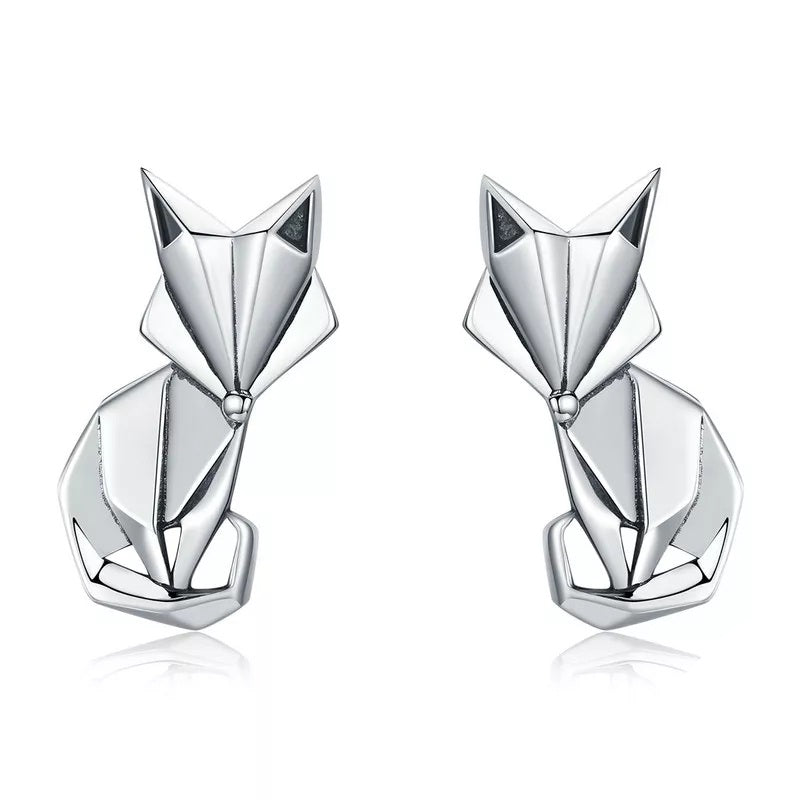 Silver geometric fox earrings