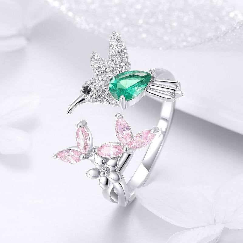 Silver Diamante Hummingbird Rin