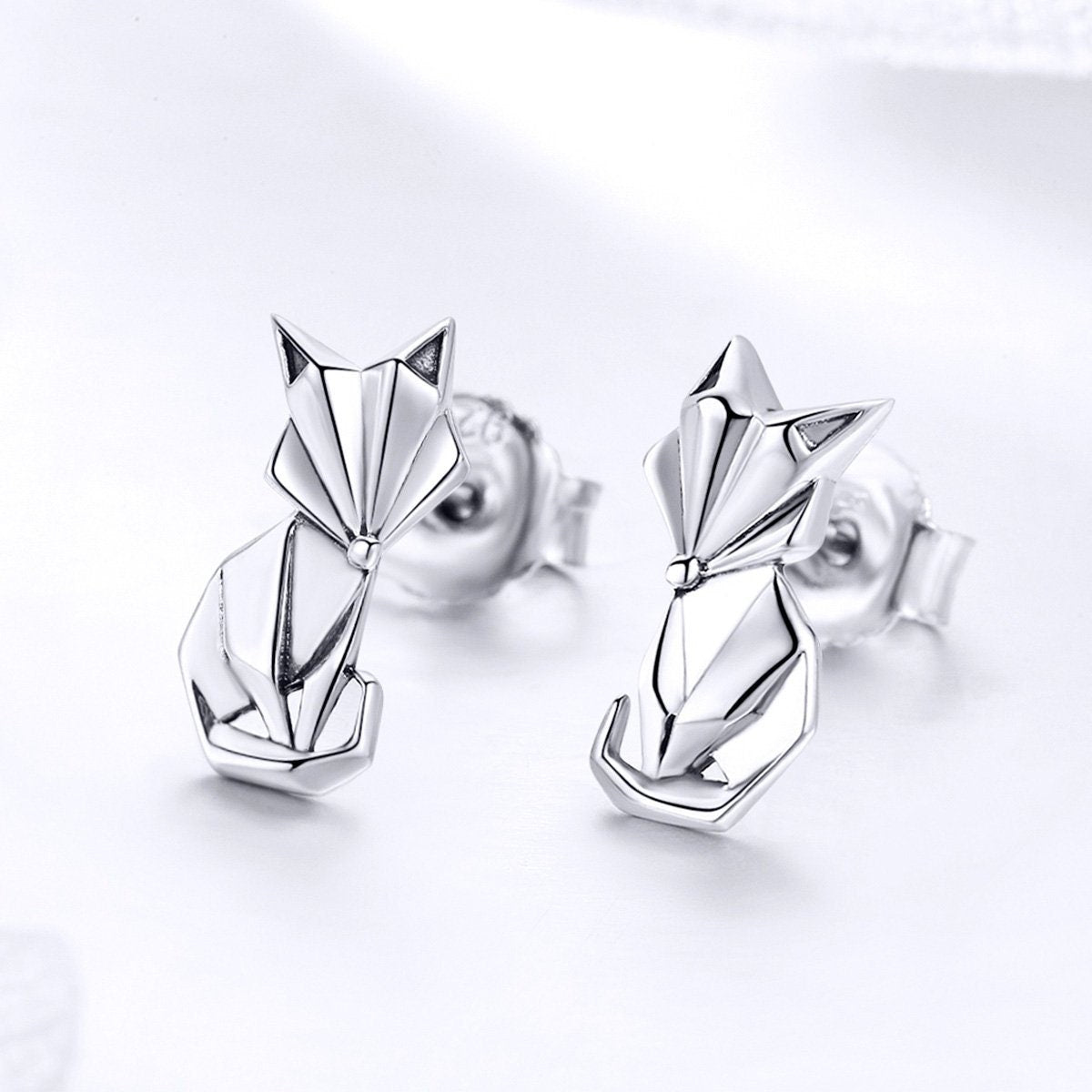 Silver Geometric Fox Earrings