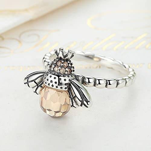 Silver Amber Crystal Bee Ring