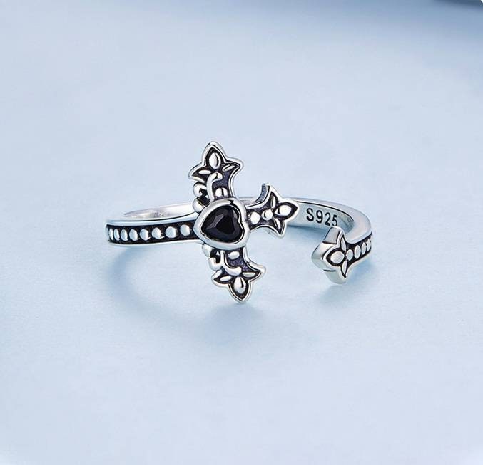 Silver & Black Crucifix Ring