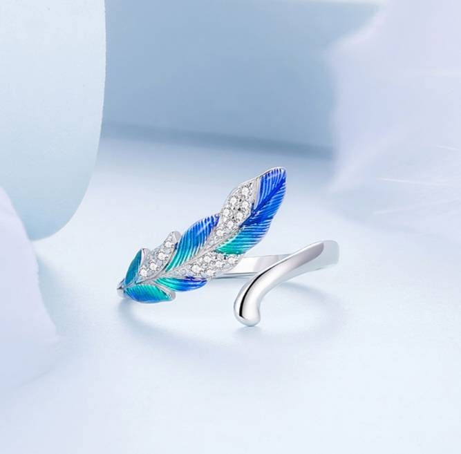 Sparkly Blue Feather Ring