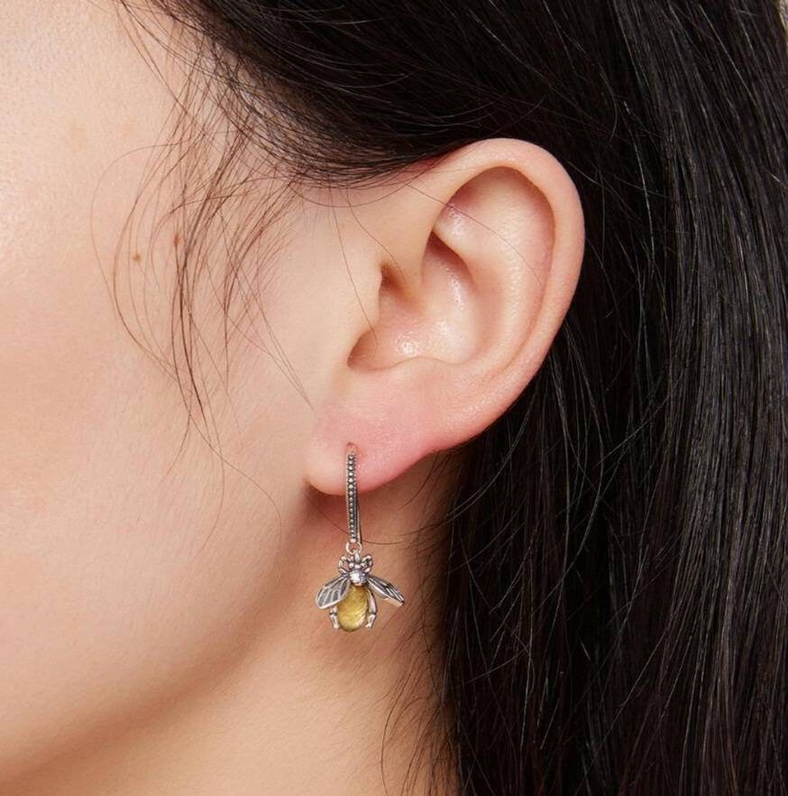 Silver Bee Drop Earrings With Golden Stones