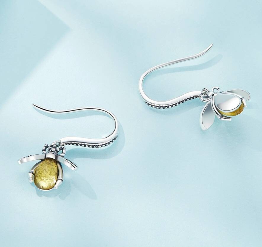 Silver Bee Drop Earrings With Golden Stones