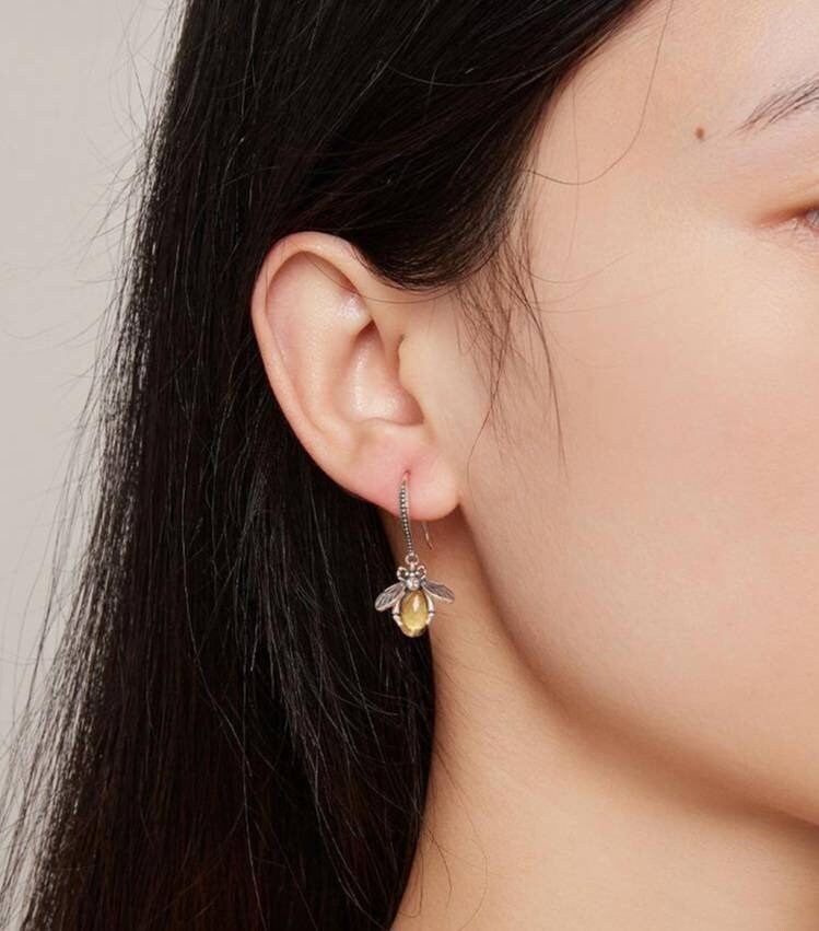 Silver Bee Drop Earrings With Golden Stones