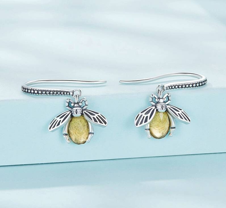Silver Bee Drop Earrings With Golden Stones