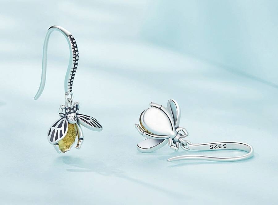 Silver Bee Drop Earrings With Golden Stones