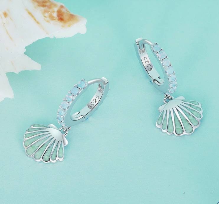 Blue Seashell Huggie Hoop Earrings