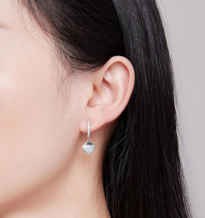 Blue Seashell Huggie Hoop Earrings