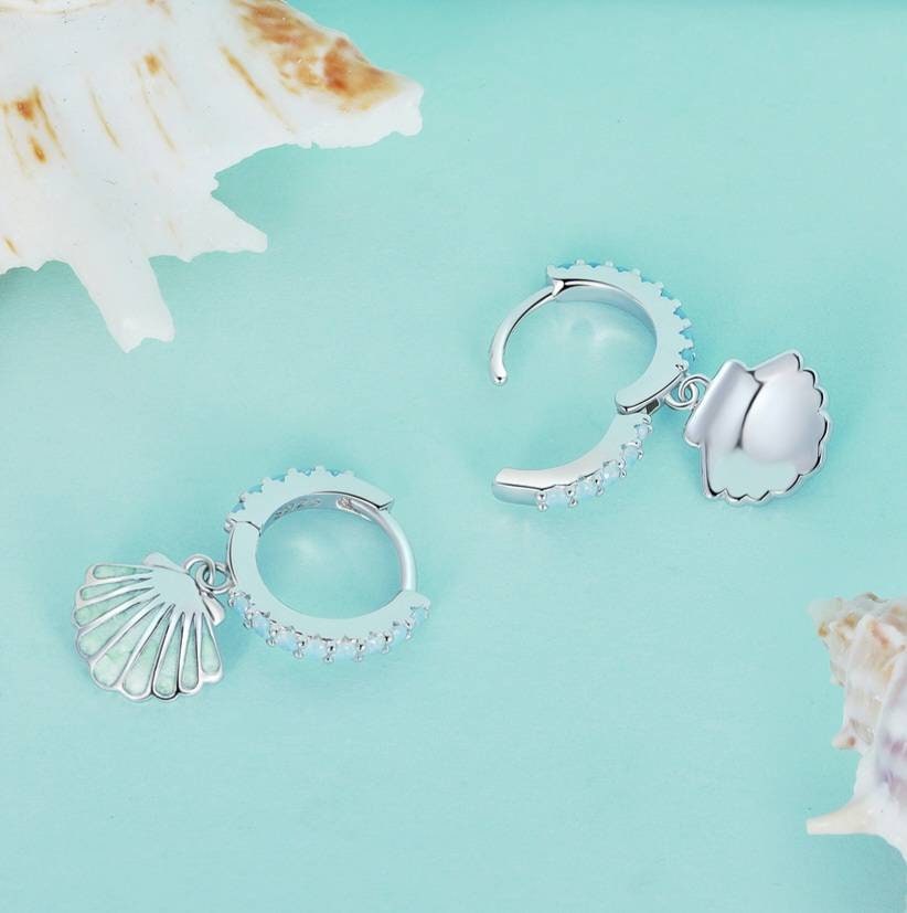 Blue Seashell Huggie Hoop Earrings