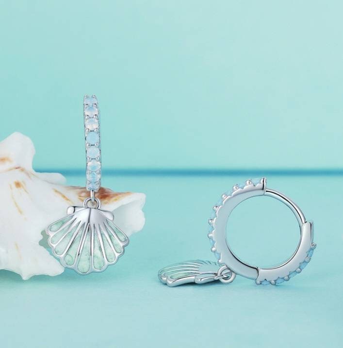 Blue Seashell Huggie Hoop Earrings