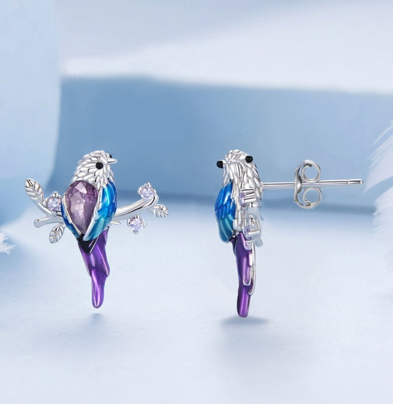 Blue & Purple Bird Branch Earrings