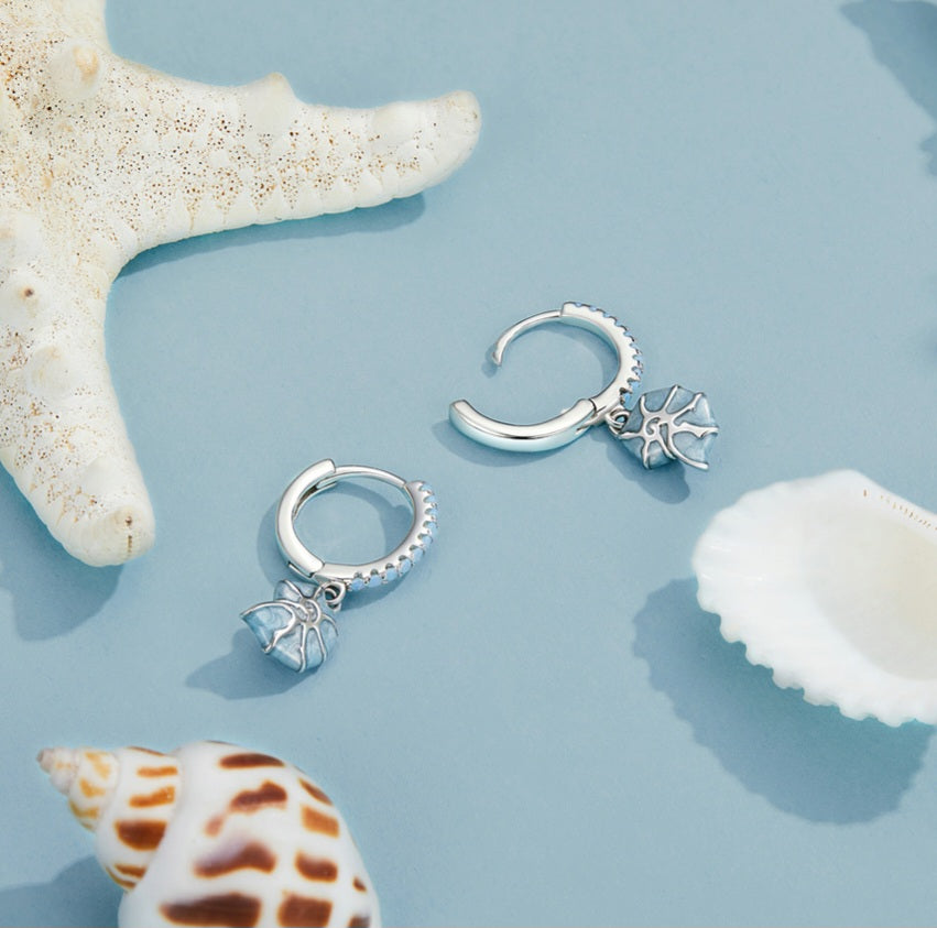 Blue Seashell Huggie Hoops