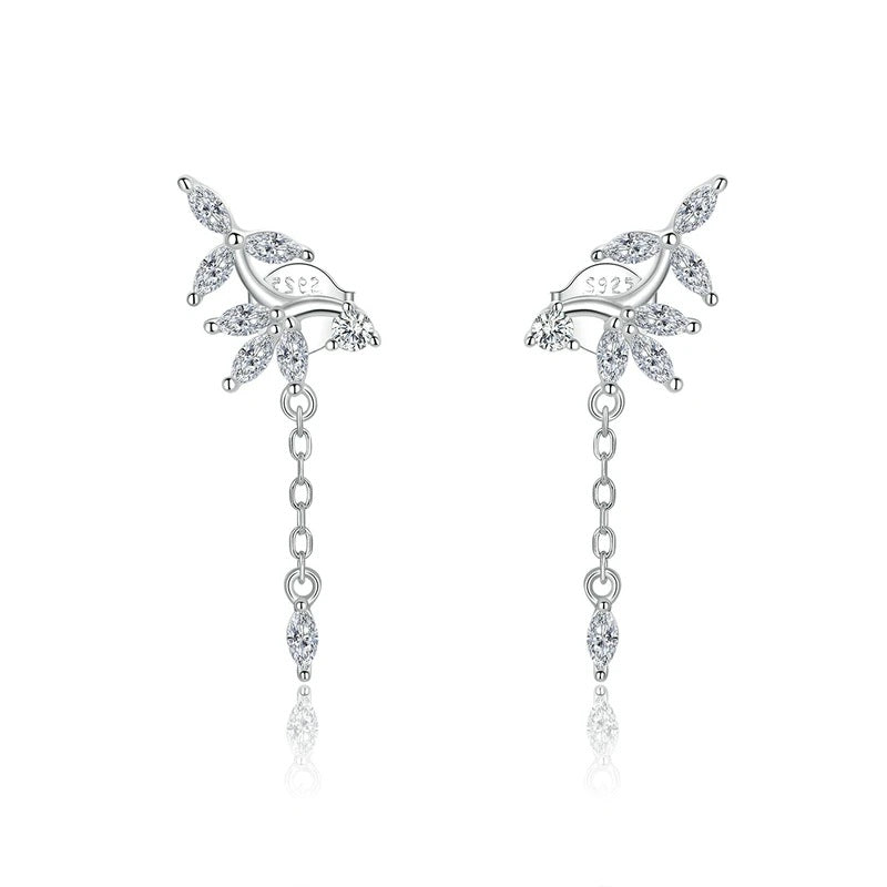 Silver diamante leaf drop earrings