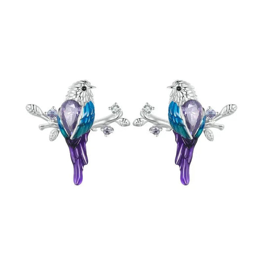 Blue and purple bird branch earrings