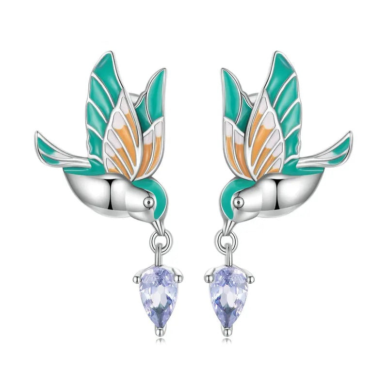 Silver and green hummingbird earrings with gemstone