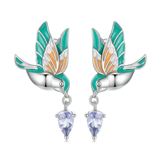 Silver and green hummingbird earrings with gemstone