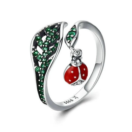 Colourful Ladybird & Leaf Ring