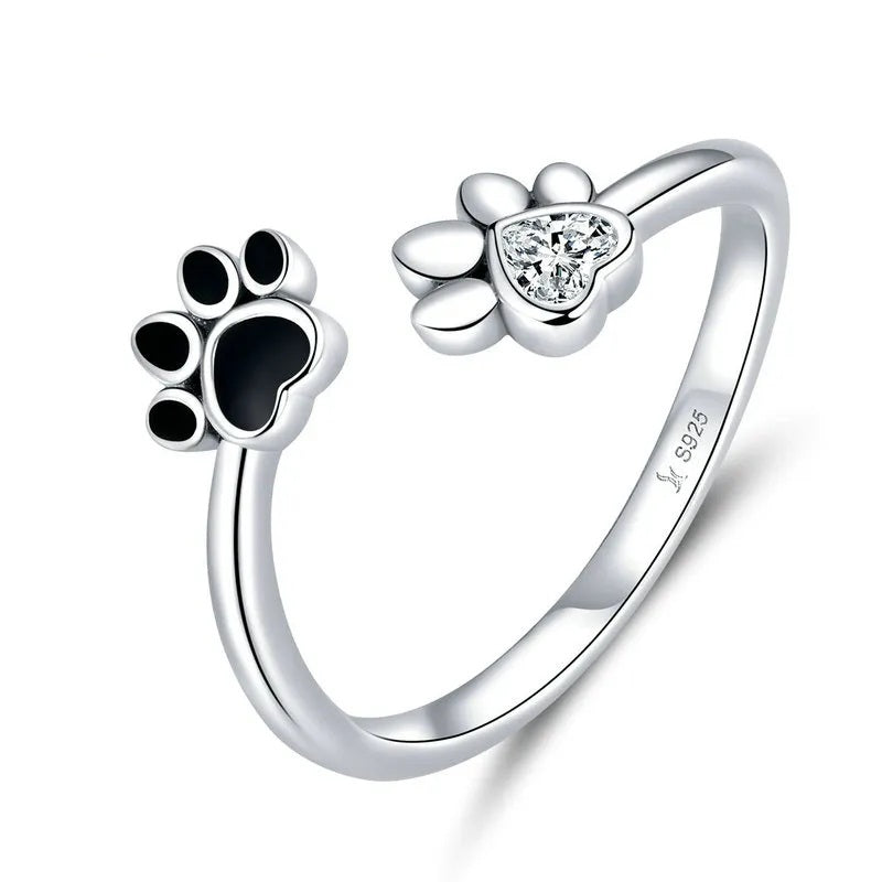 Silver & Black Paw Print Ring