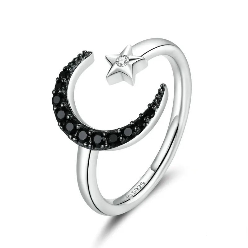 Silver & Black Crescent Moon Ring