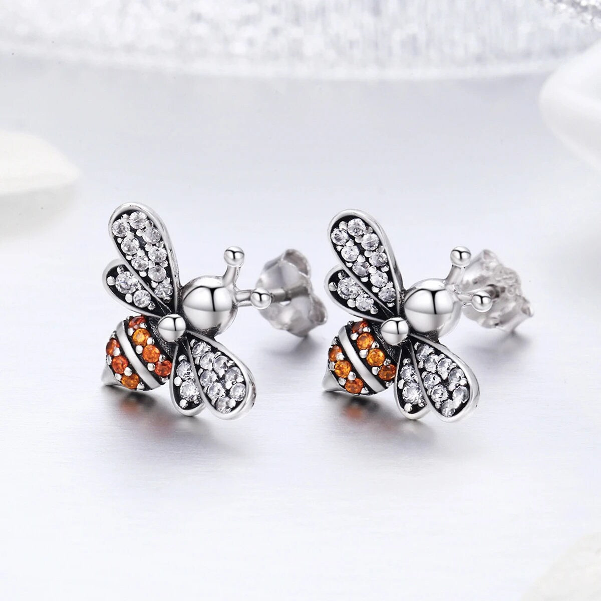 Silver Bee Earrings With Gemstones