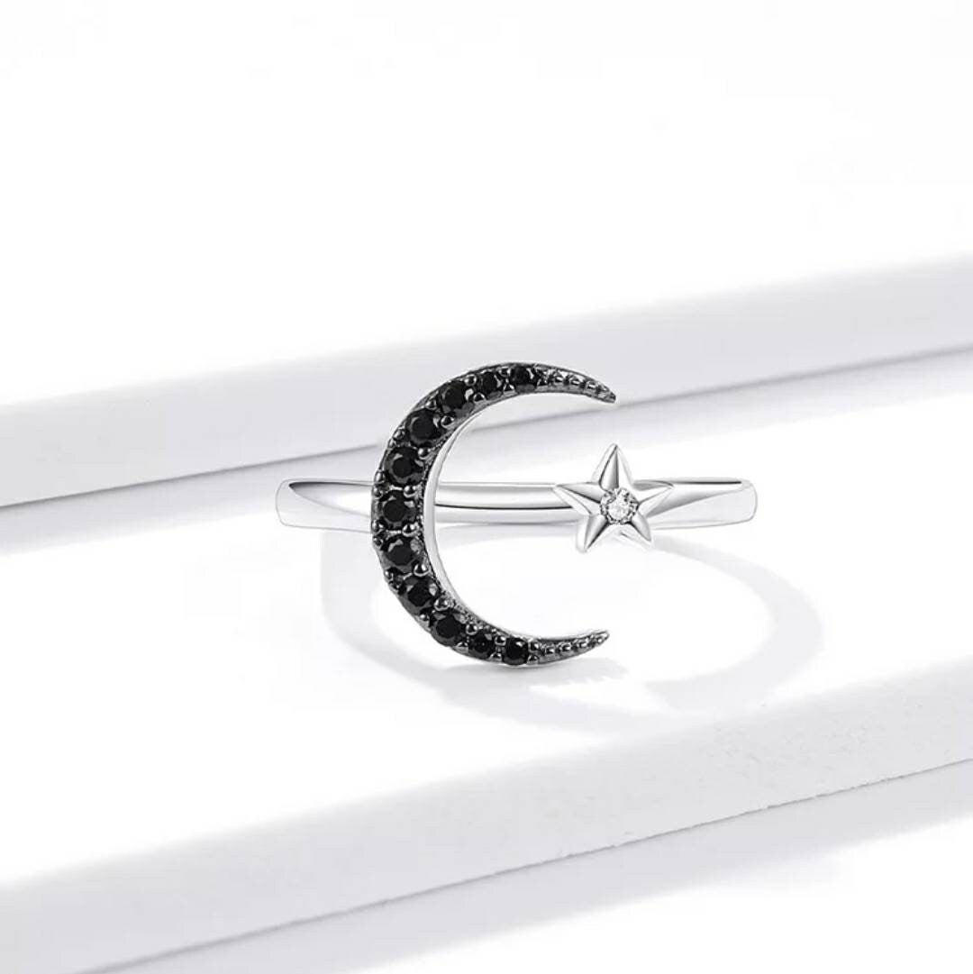 Silver & Black Crescent Moon Ring