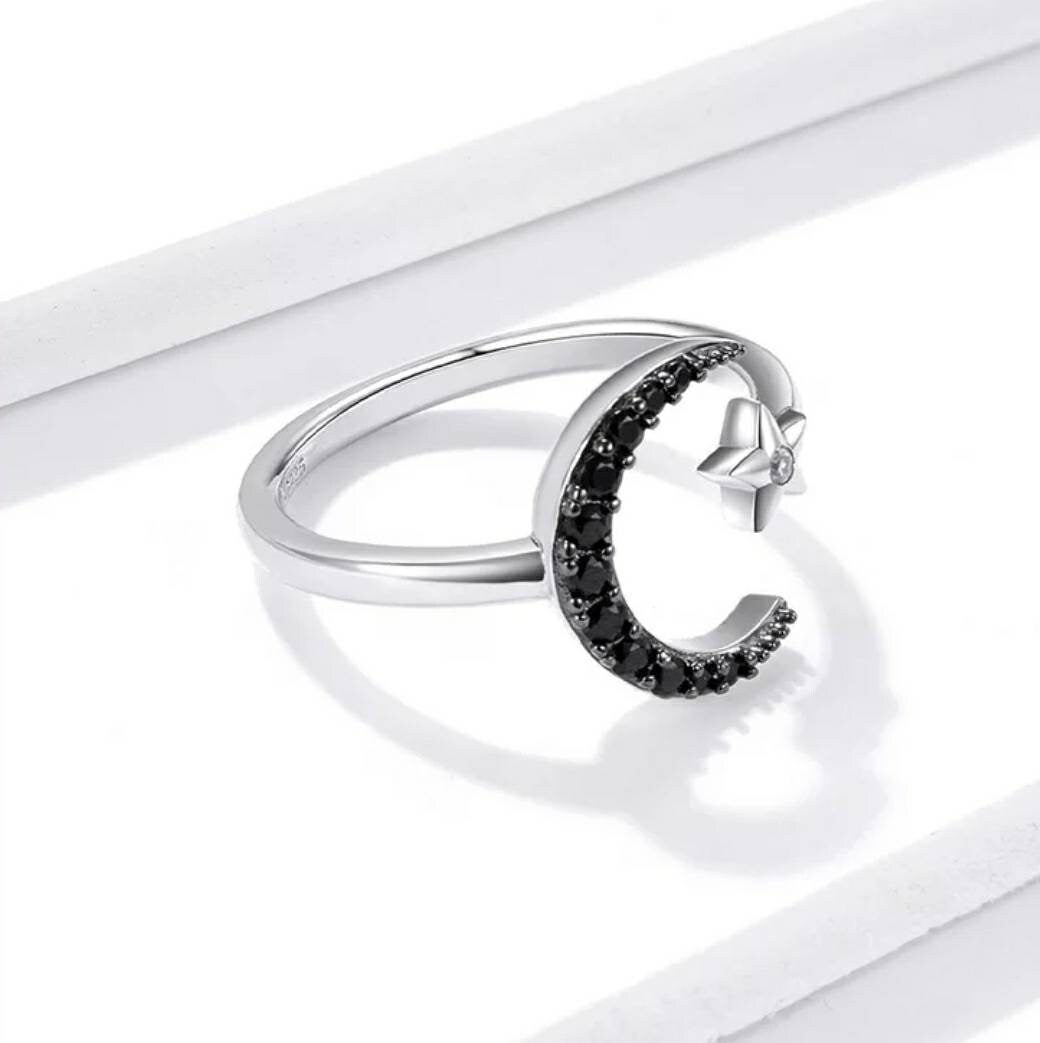 Silver & Black Crescent Moon Ring