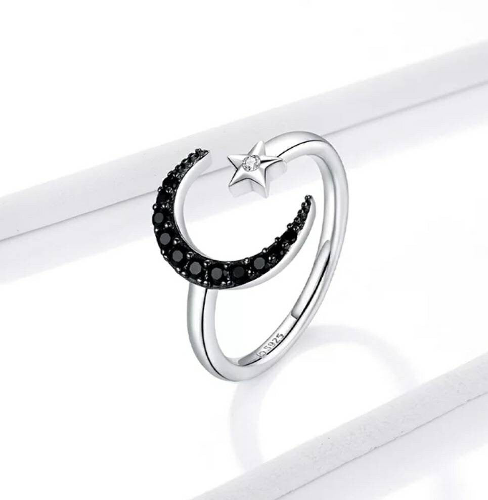 Silver & Black Crescent Moon Ring