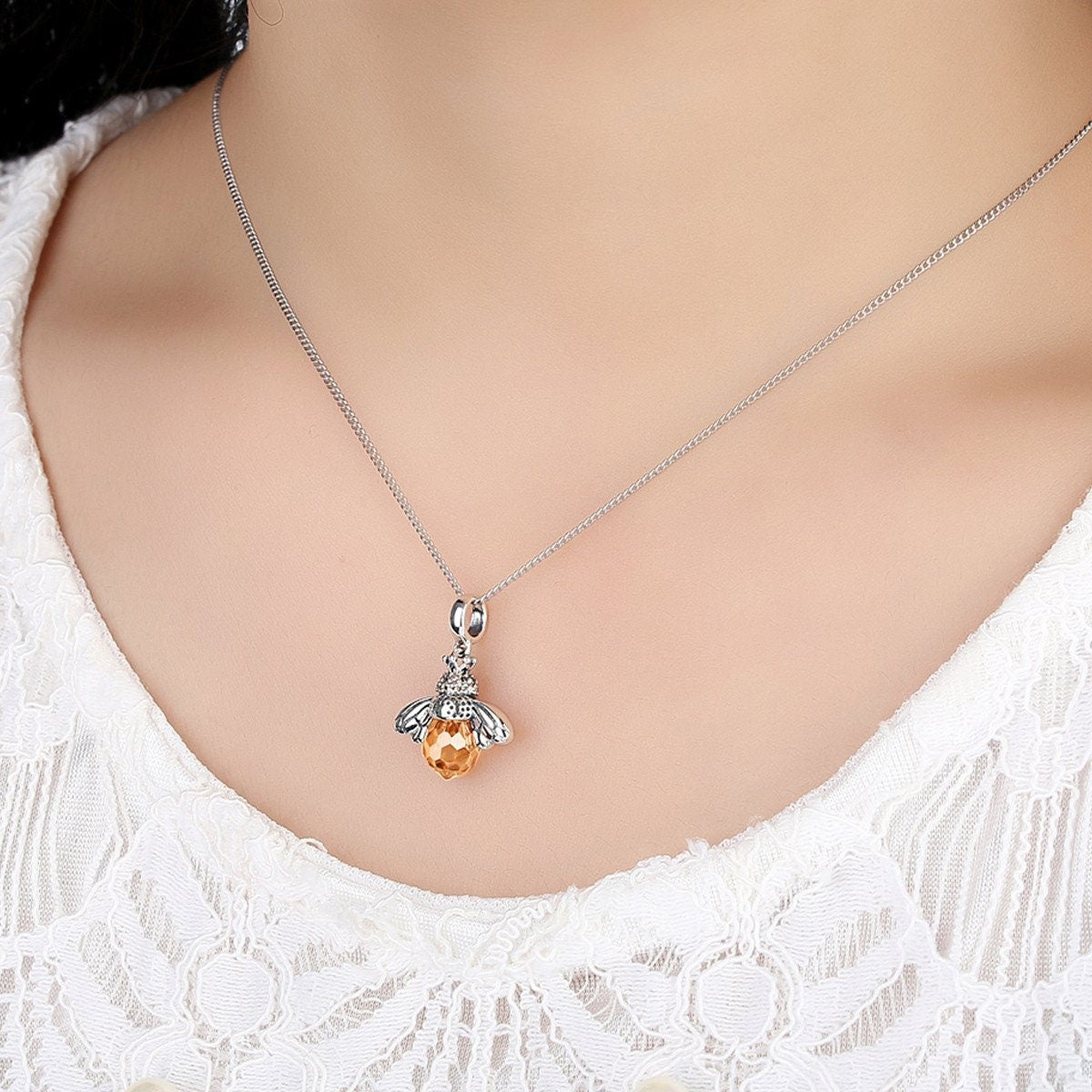 Silver& Amber Bee Necklace