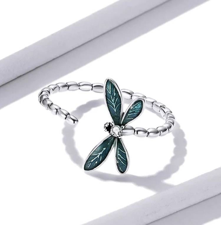 Silver & Teal Dragonfly Ring