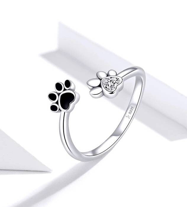 Silver & Black Paw Print Ring