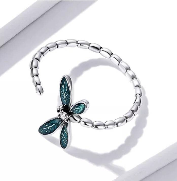 Silver & Teal Dragonfly Ring