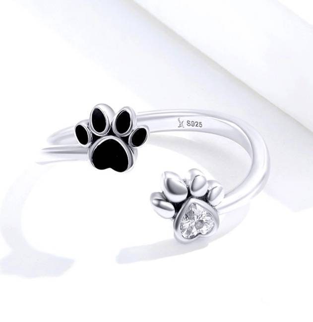 Silver & Black Paw Print Ring