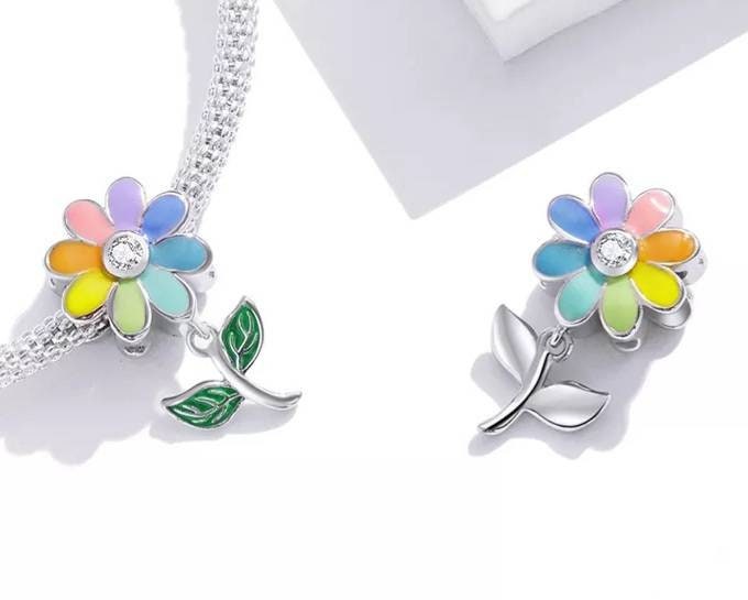 Silver Rainbow Daisy Bracelet Charm