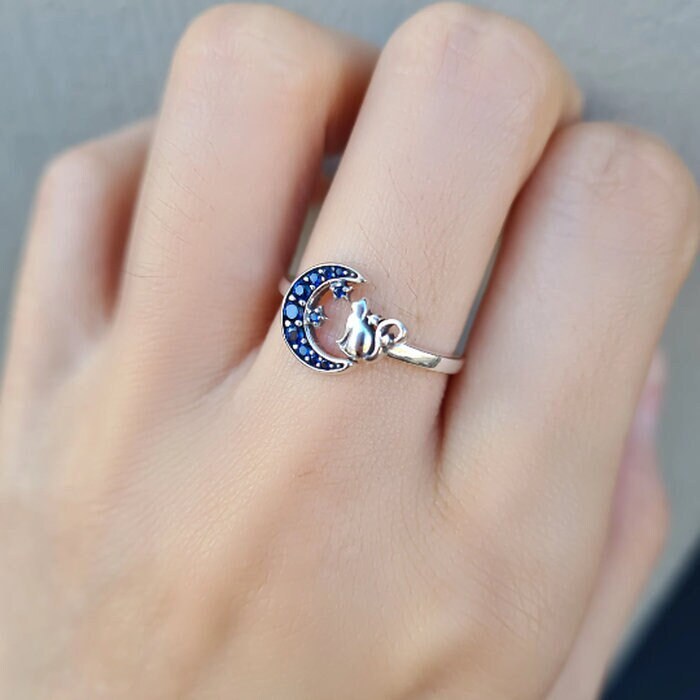 Silver Cat and Moon Ring