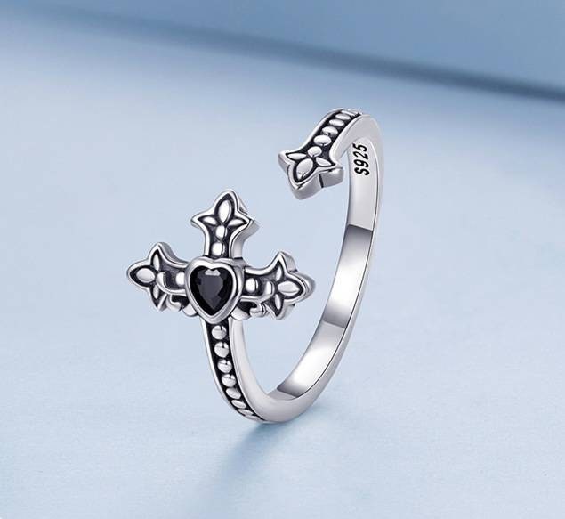 Silver & Black Crucifix Ring