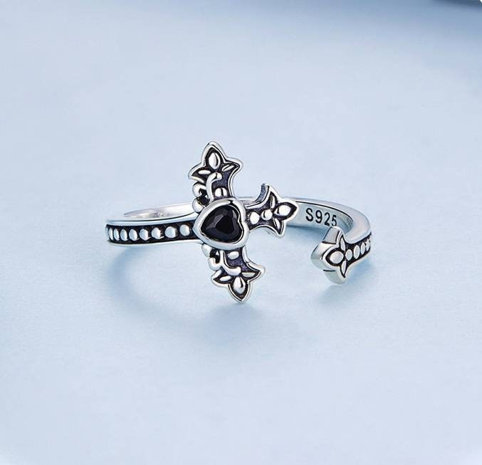 Silver & Black Crucifix Ring