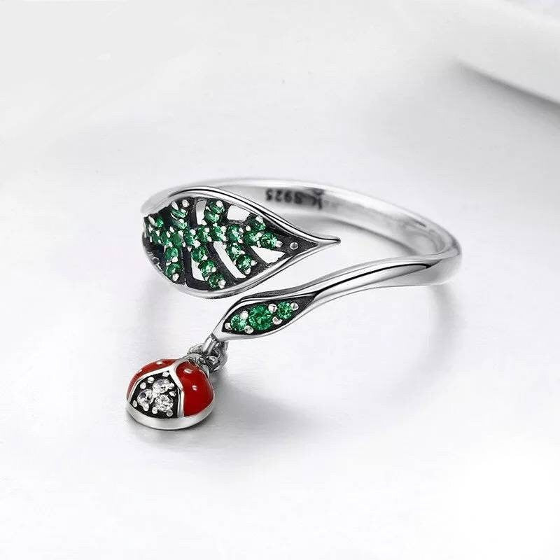 Colourful Ladybird & Leaf Ring