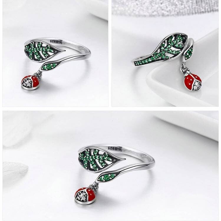 Colourful Ladybird & Leaf Ring