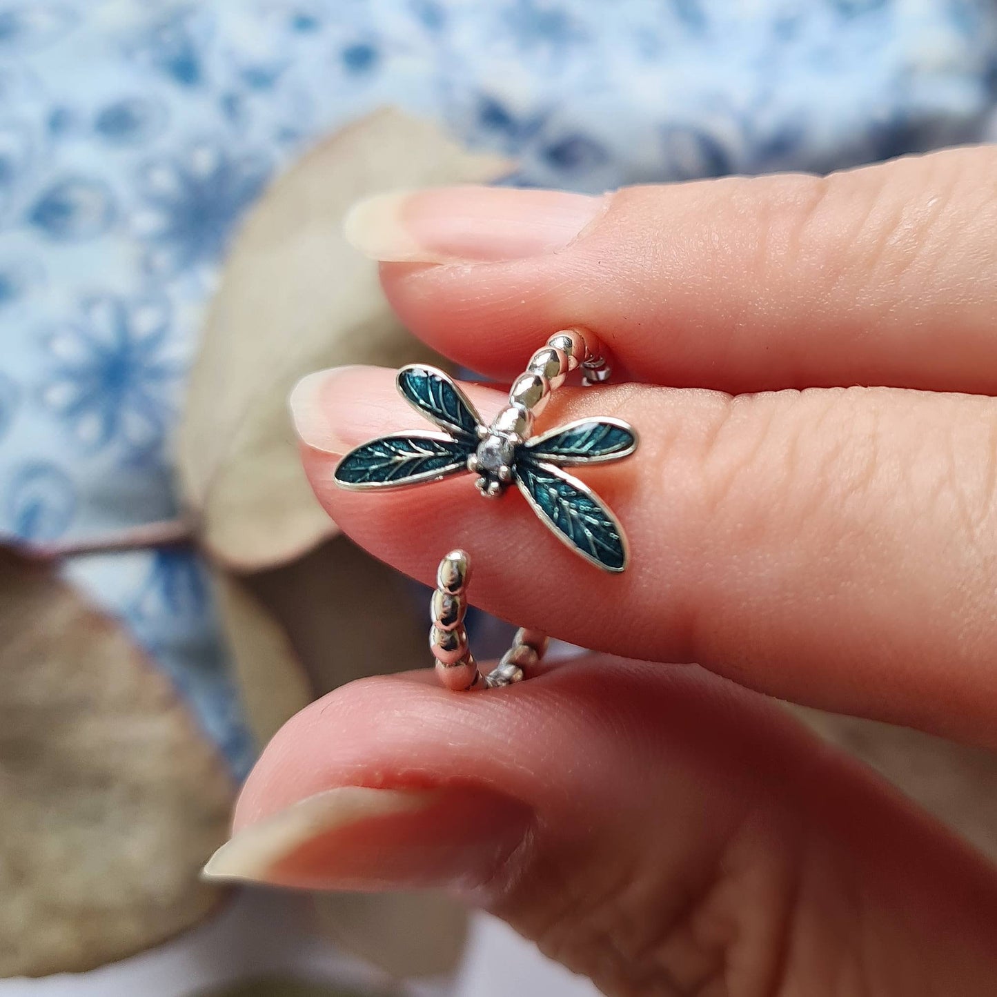 Silver & Teal Dragonfly Ring