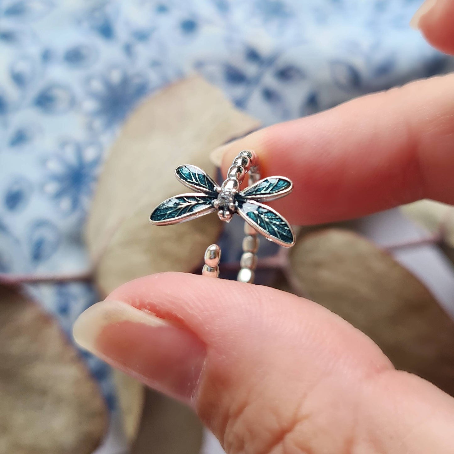 Silver & Teal Dragonfly Ring