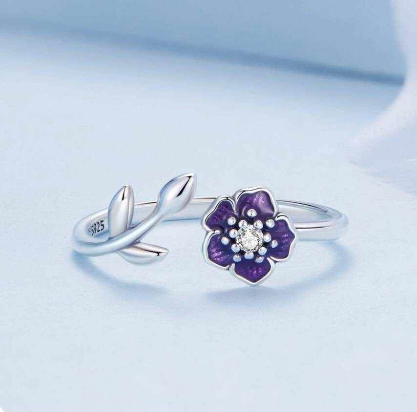 Silver Purple Flower Ring