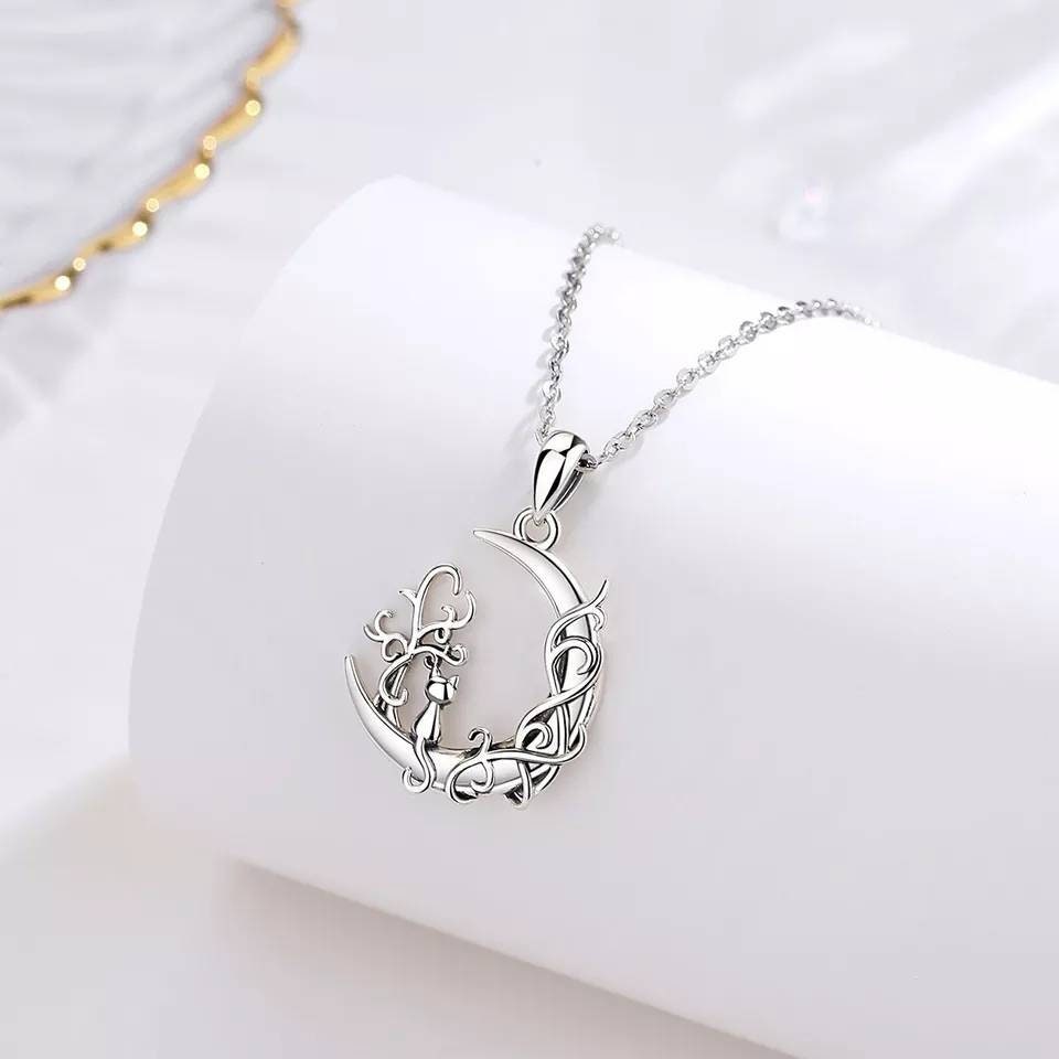 Silver Witchy Cat & Moon Necklace