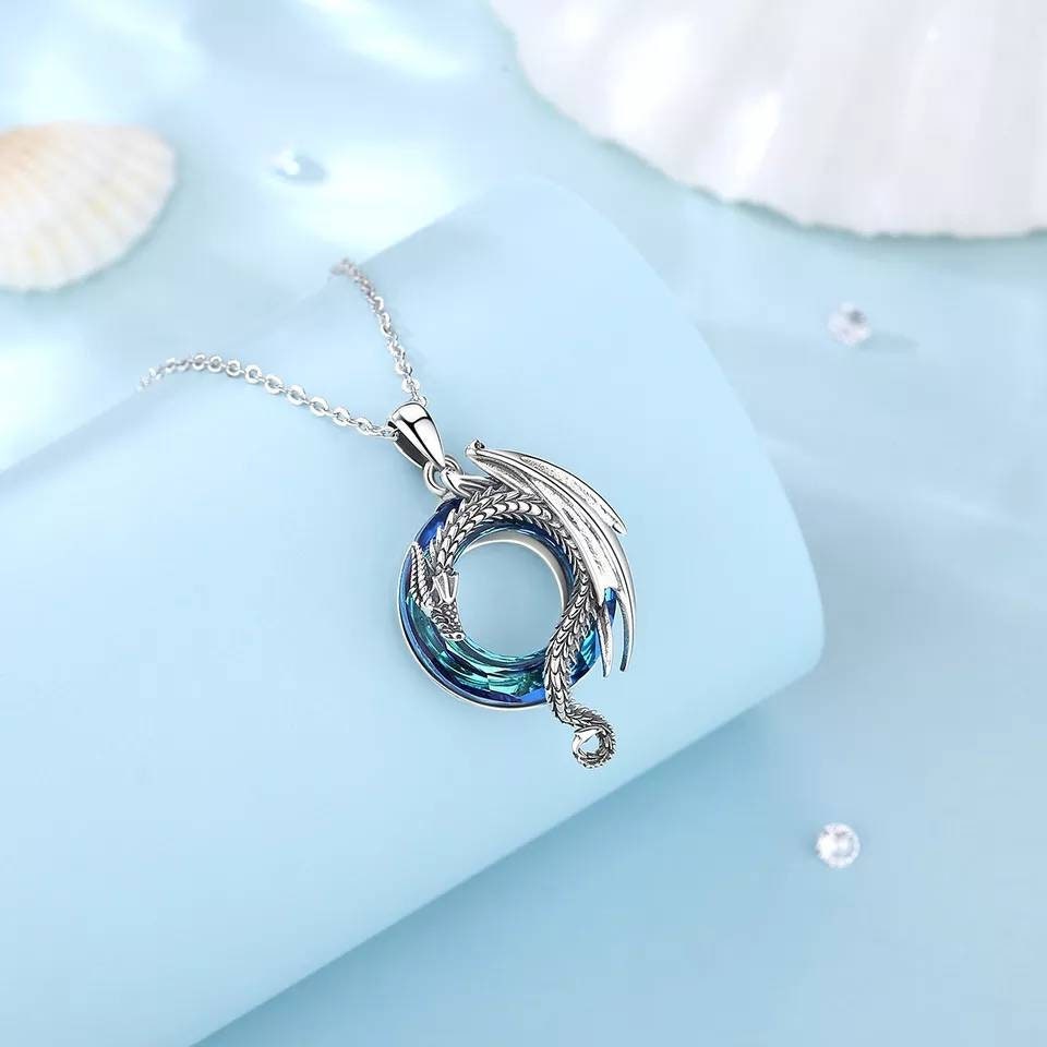 Silver Dragon Crystal Circle Necklace