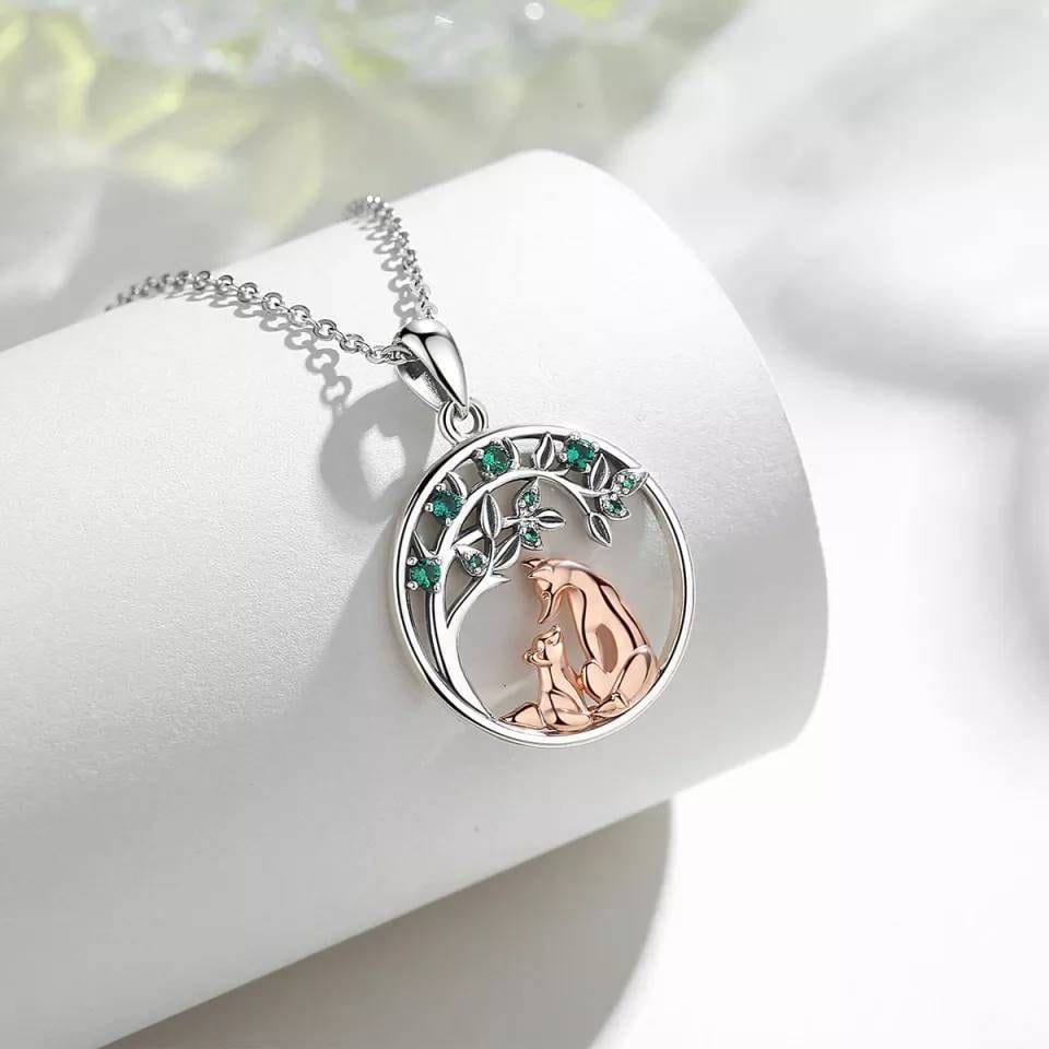 Silver Mother and Baby Fox Necklace