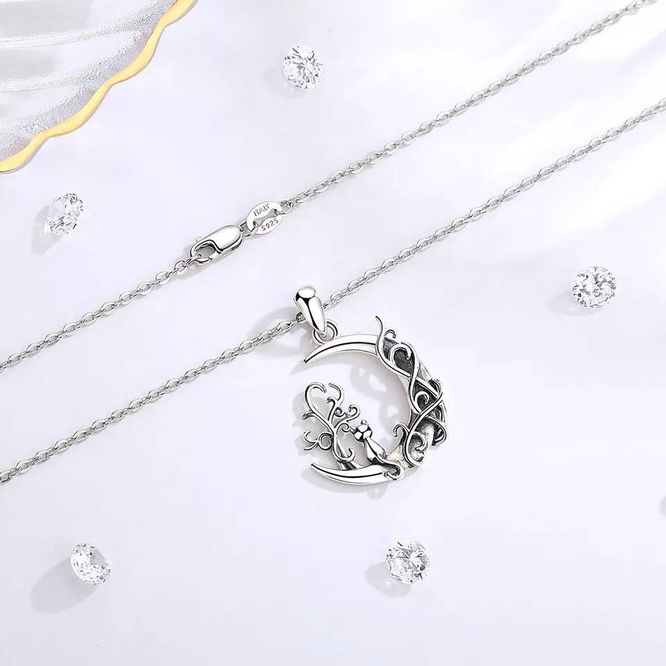 Silver Witchy Cat & Moon Necklace