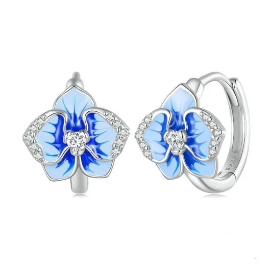 blue orchid flower huggie hoop earrings