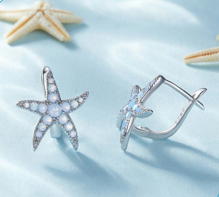 Blue Starfish Hoop Earrings